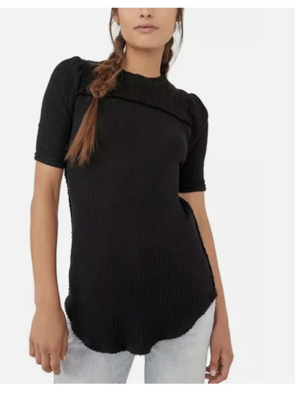 Free People Care Red Delicious Waffle Knit Short Sleeve Top in Black Size M NWT